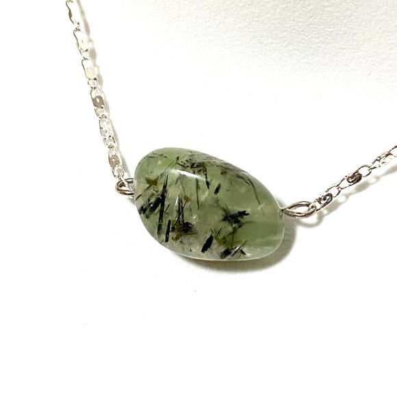 2/$20, Dark Green Prehnite Necklace, Genuine Tumbled Gemstone Bar Pendant - Picture 1 of 10
